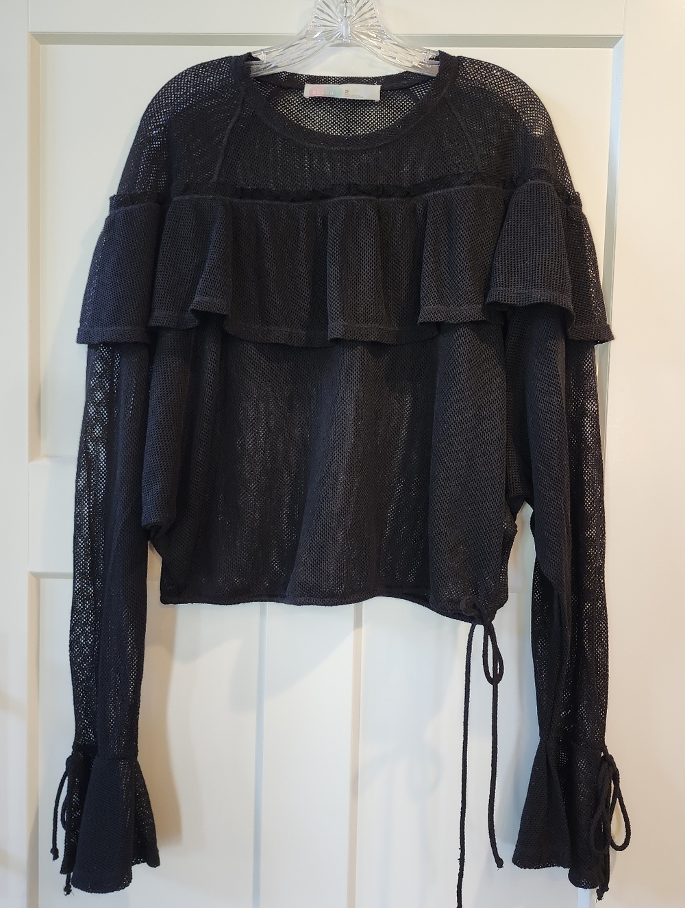 Free People Beach Black Ruffle Mesh Long-Sleeve Pullover